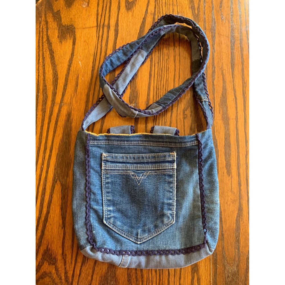 Y2K Handmade Upcycled Denim Crossbody Bag Blue Jean Purse Cat Print Lining Boho